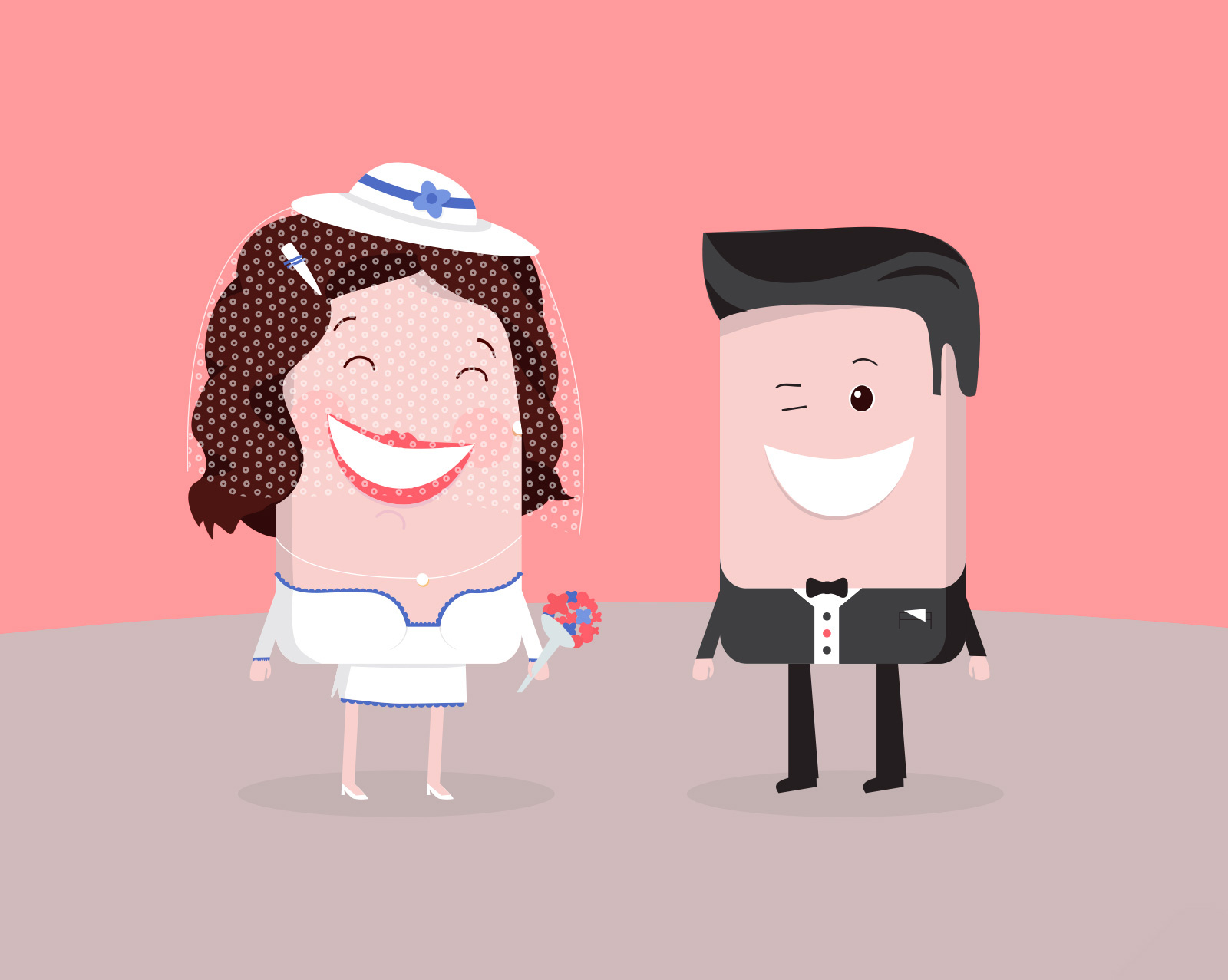 Newlyweds. bold colors bride and groom cartoon illustration celebration character focus cheerful vibe exaggerated expressions flat design happy couple humorous wedding love and laughter pink background playful art romantic illustration simple layout stylized character
