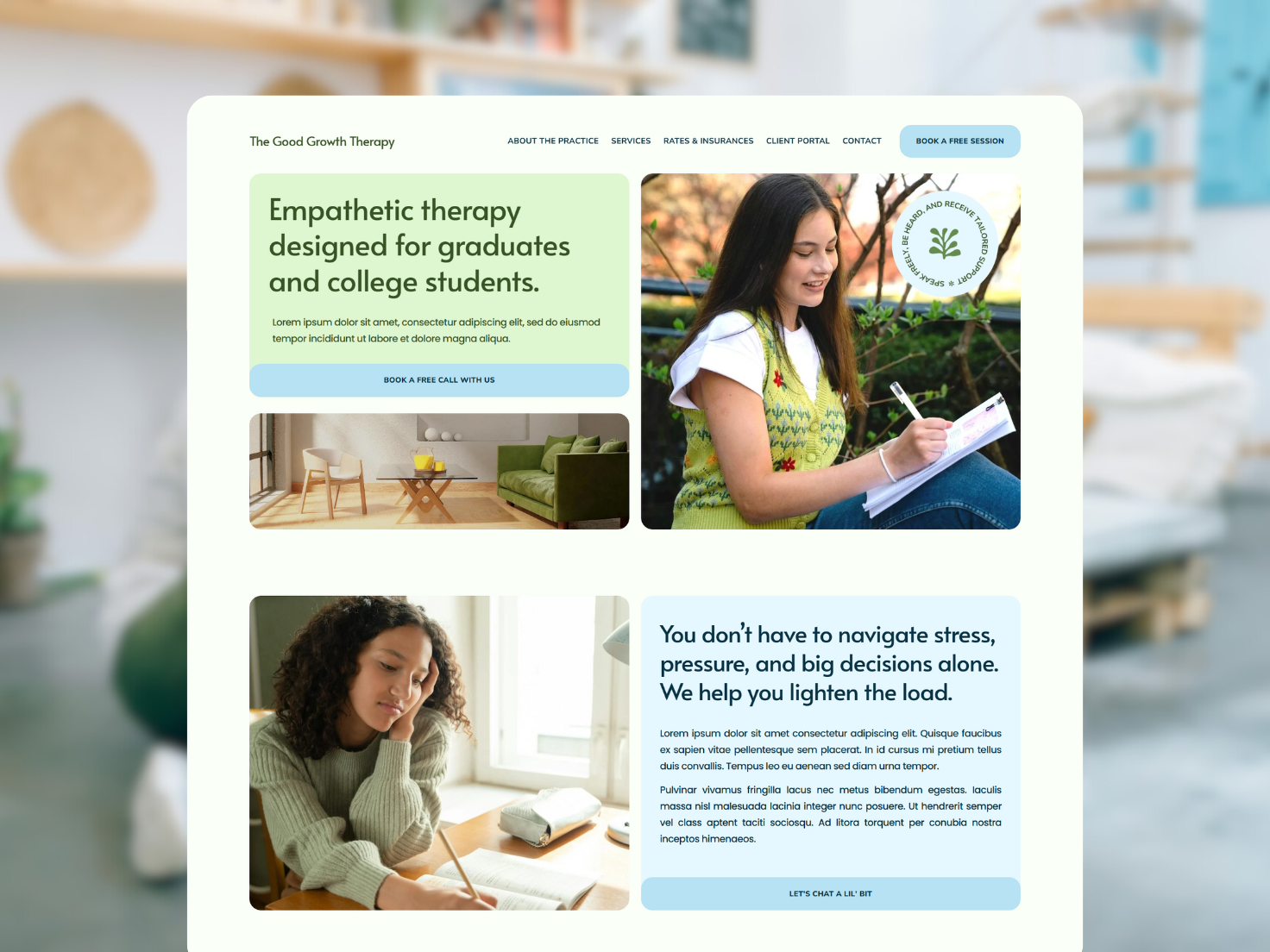 The Good Growth Therapy - Squarespace website design - Homepage calming clean college students graduates mental health modern organic pastel playful rounded soft soothing squarespace therapists therapy trustworthy web design website website design wellness