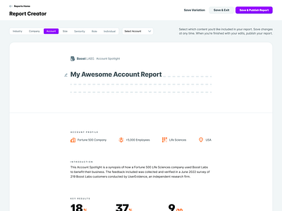 UserEvidence Report Creator app b2b case creator design flat generator gradient light mode minimal page report saas simple study ui userevidence ux web wysiwyg