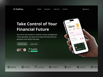 🚀 Take Control of Your Financial Future — FinWise banking clean ui dark theme finance finance ui financial dashboard fintech hero section landing page money management product design ui design ux design web design