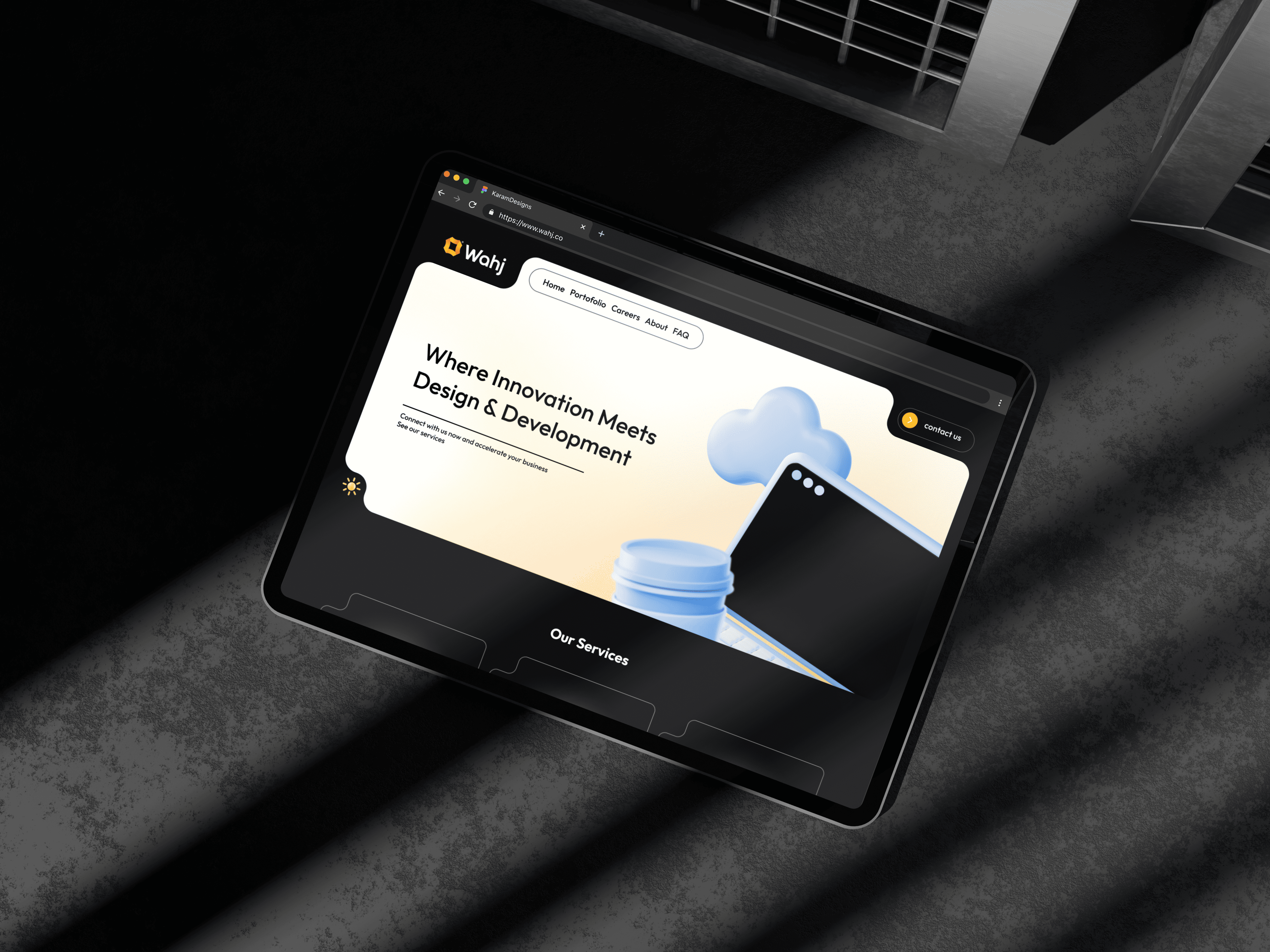 Wahj - Landing Page Hero for a tech start-up company website development gold hero section landing page laptop programminng company start up subtraction tech company ui web website yellow