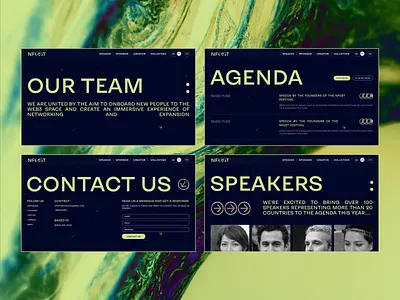 NFEST | Festival website agenda animation branding contact us design event festival figma flat nft speakers team ui uiux ux ux design web design web pages web3 website