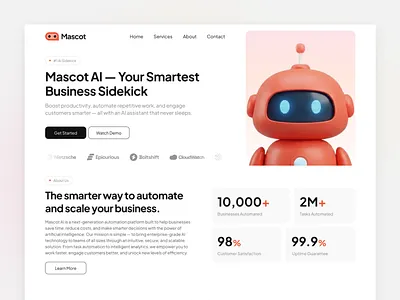 Mascot AI – SaaS Automation Landing Page 3d illustration ai artificial intelligence automation business chatbot clean ui dashboard interface landing page mascot modern pricing table robot saas startup tech ui ux web design