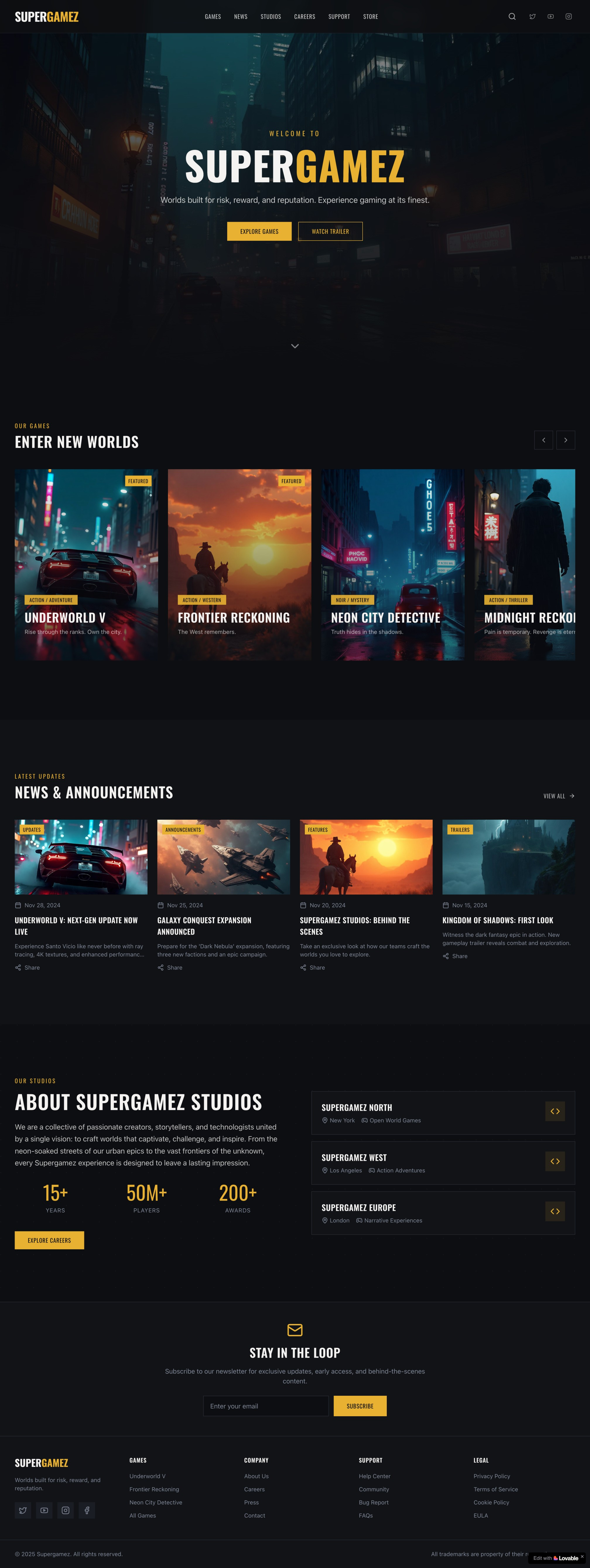 SuperGamez — Immersive Gaming Website Concept branding corporate design figma framer futuristic website gaming gaming dashboard landing page modern redesign responsive ui ux web design web3 website development wisdmlabs wordpress
