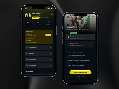 Profile & Subscription Plan UI - Sports Streaming App account plans ui account subscription plan ui account screen account settings account ui app premium plan app setting billing ui choose plan plan section ui app premium plan ui premium pricing ui pricing plans sport streaming app subscription flow subscription ui user account user account pricing plans ui