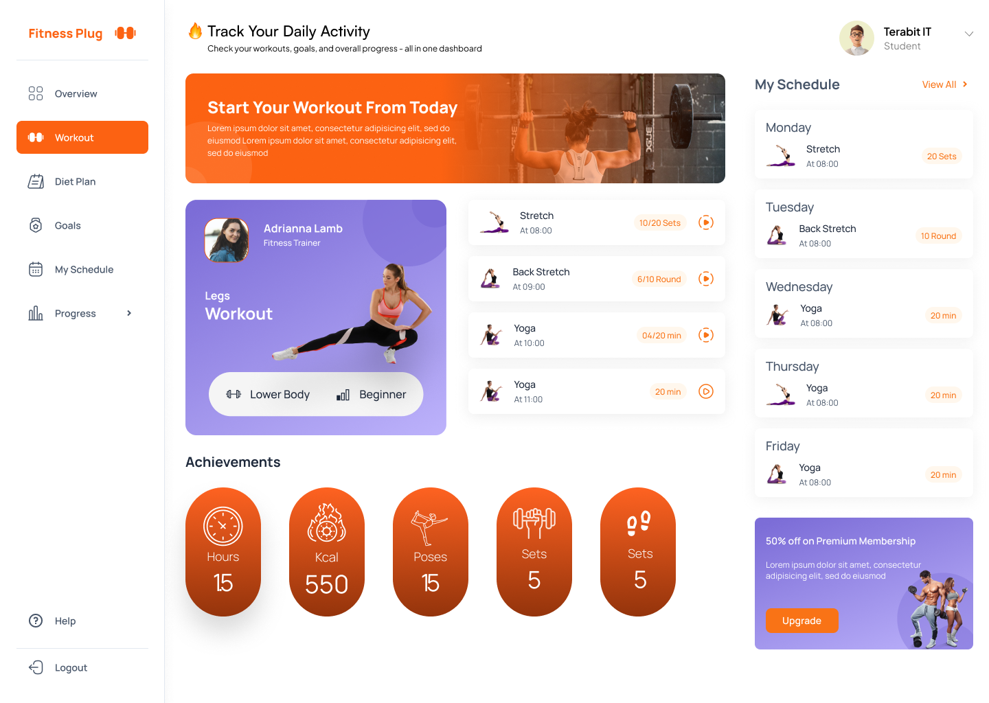 Fitness Plug Dashboard activitytracker appconcept cleanui dailyui dashboarddesign designinspiration digitaldesign dribbble fitnessapp fitnessdashboard fitnessplanner healthapp interfaceinspiration modernui productdesign saasdesign uiuxdesign uxinspiration webappdesign workoutui