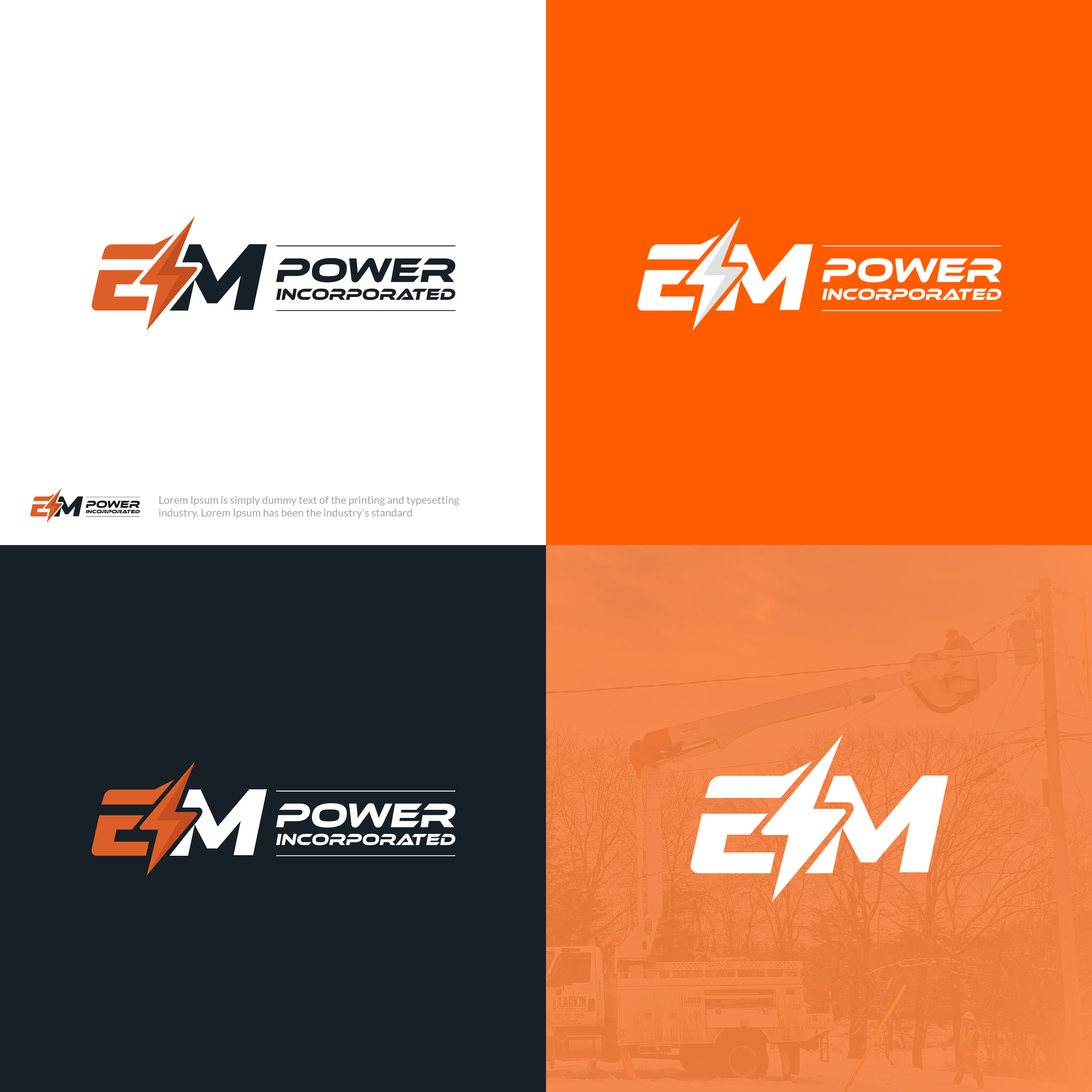 Electric Company Logo brand identity corporate identity design custom lettermark cyberavanza electrical services branding em logo energy logo industrial logo design lettermark logo lightning logo logo design modern logo orange logo power company logo power distribution brand strong typography utility company logo visual identity