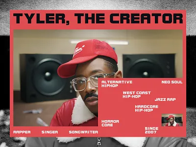 Tyler, The Creator: Bold Red Interface alternative rap art direction bold ui graphic design hero section hip hop interface design landing page layout music website neo brutalism poster design red aesthetic streetwear tyler the creator typography ui design user experience web design website concept