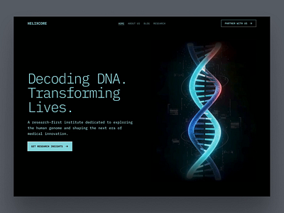 DNA Research Institute Hero UI (3D Animation) 3d 3d animation biotech branding dark mode design dna futuristic genomics health care hero section illustration landing page medical modern ui research ui ux web design website