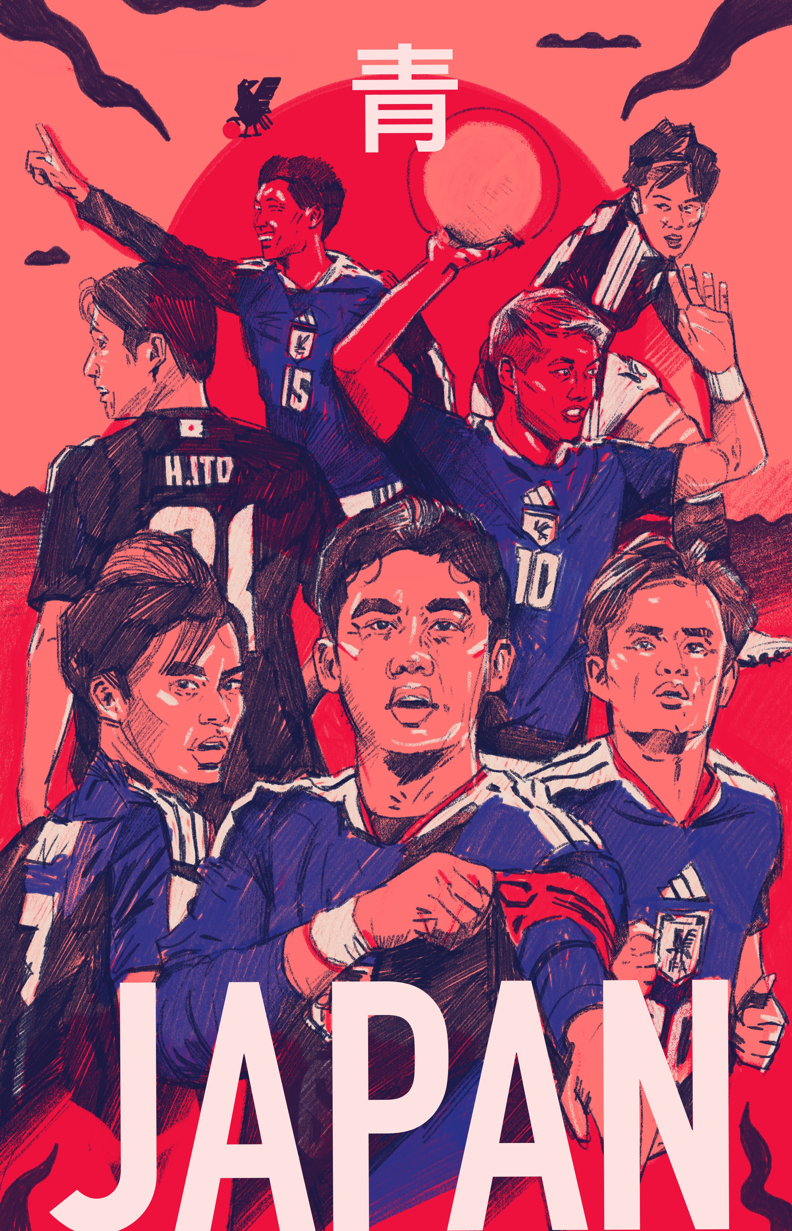 Blue Samurai Team - WC - Edition blue samurai character football illustration illustrator japan japan football japan soccer people portrait portrait illustration poster illustration procreate soccer
