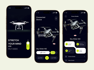 SkyGlider – Smart Drone Control App artificial intelligence automation camera drone controller drone drone app drone application drone controller drone handing drone monitoring droneshot futuristic mobile app mobile app design monitor productapp quadrocopter remote control smart app smart flight