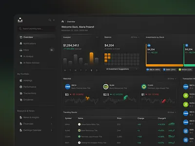 Aivia - AI Customer Support Dashboard clean design dark mode dark mode dashboard dashboard design invest investment dashboard invetsment money stocks stocks dashboard transaction history trending stock ui ui design uiux ux watchlist