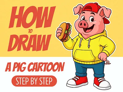 How to Draw a Pig Cartoon Character (step by step) 3d animal art cartoon character design cute design drawing graphic design guide illustration lineart mascot outline pig sketch step by step tutorial vector workflow