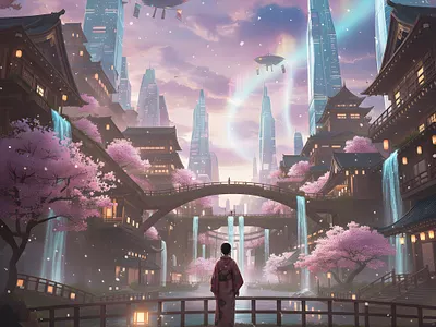 Space city digital art fantasy illustraion pink planet sci fi space ui