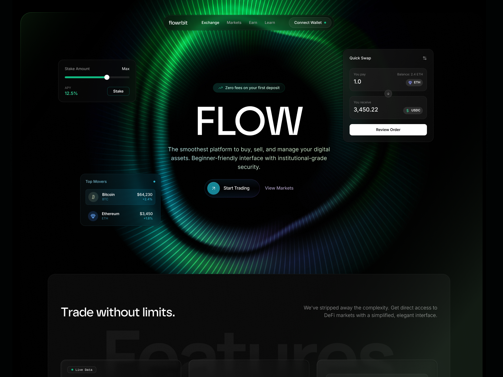 Flowrbit beginner friendly clean ui crypto app crypto beginners crypto trading digital assets exchange platform fintech intuitive ux minimal ui modern interface onboarding flow product design secure trading trading platform web3 design