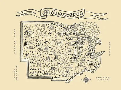 Midwesteros corn fantasy game of thrones hand drawn illinois indiana iowa kansas map medieval michigan midwest minnesota missouri mountain nebraska north dakota ohio south dakota wisconsin