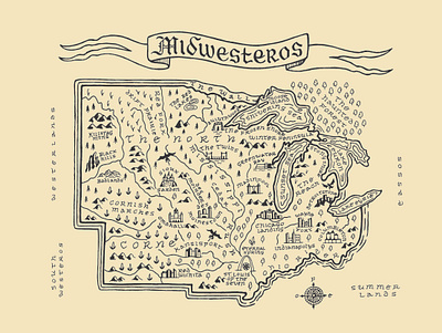 Midwesteros corn fantasy game of thrones hand drawn illinois indiana iowa kansas map medieval michigan midwest minnesota missouri mountain nebraska north dakota ohio south dakota wisconsin