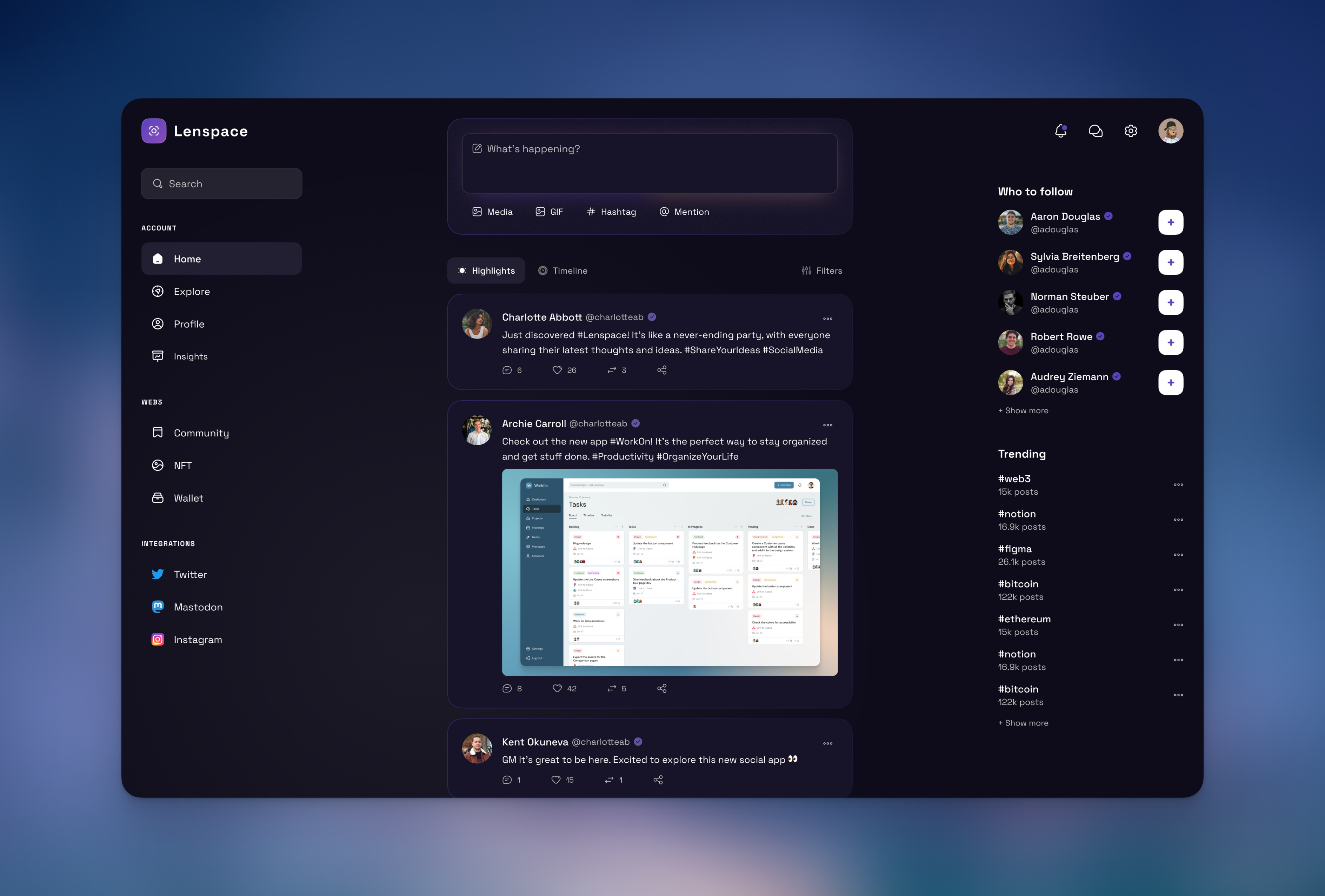 Lenspace - Decentralized Social Media Platform app blockchain crypto decentralized design product design social ui