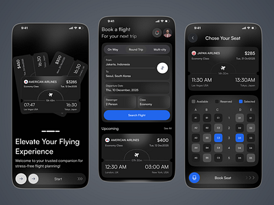 Flight Booking App UI airline app app design dark mode ui flight booking app mobile mobile app mobile app design private jet booking seat selection ticket booking travel app travel ui ui ux design