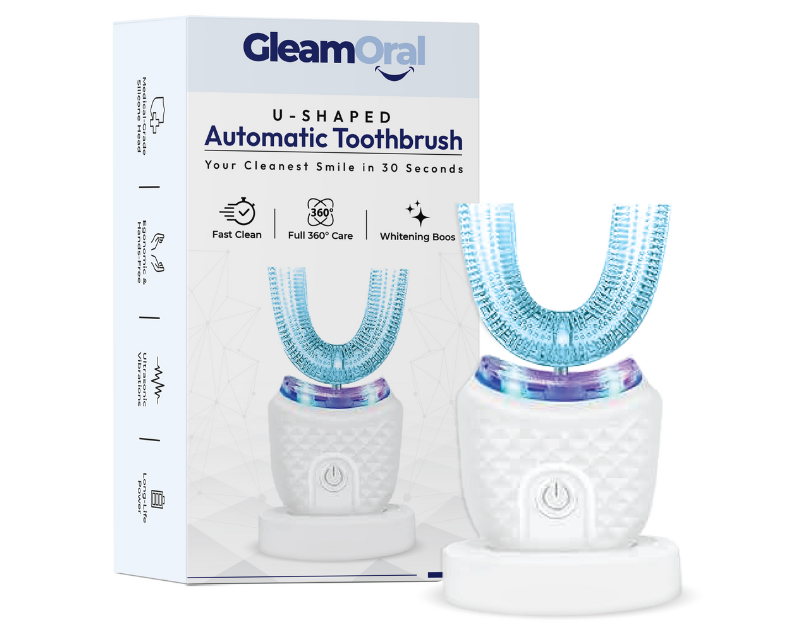 GleamOral – U-Shaped Automatic Toothbrush | Packaging Design 3d mockup amazon packaging box design brand identity branding clean design consumer product design portfolio graphic design healthcare design label minimal design modern design oral care packaging premium packaging product branding product design retail packaging toothbrush packaging