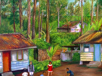 illustration, painting children illustration manual playing sunday morning yard