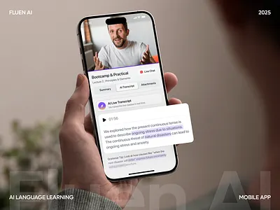 Fluen AI – Live Lessons ai aiassistant communication content discussion education engagement instructor interaction language learning lecture livestream messaging mobileapp students transcript uidesign uiux visual