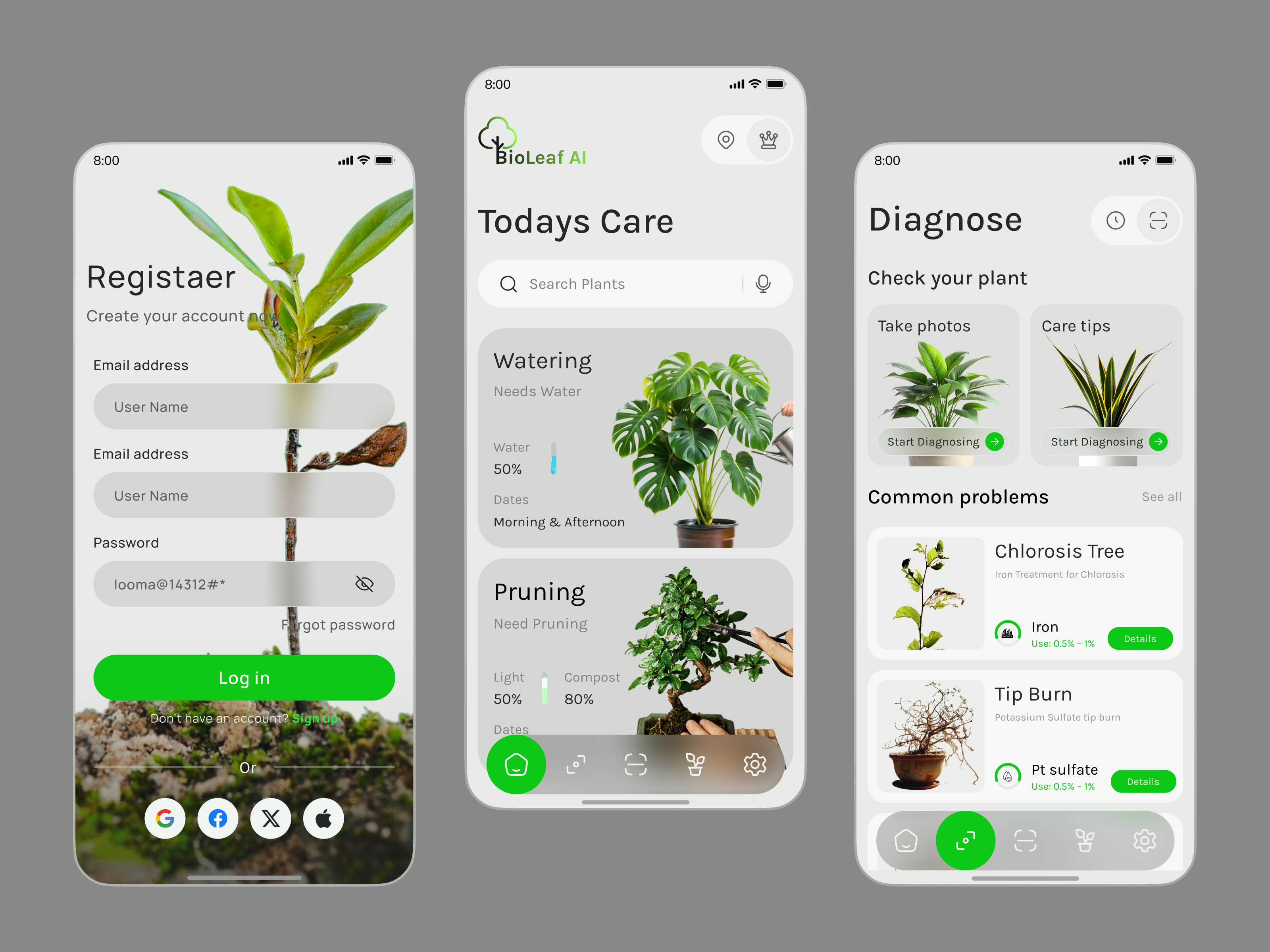 BioLeaf AI — Smart Plant Care, Diagnosis & Growth Assistant UI agritechapp aiplantdetection aiuxdesign appshowcase cleanui dailycaretracker diagnosisui dribbbleshots greendesign minimaldesign mobileui natureapp plantcareapp plantidapp plantscanner productdesign uxuidesign