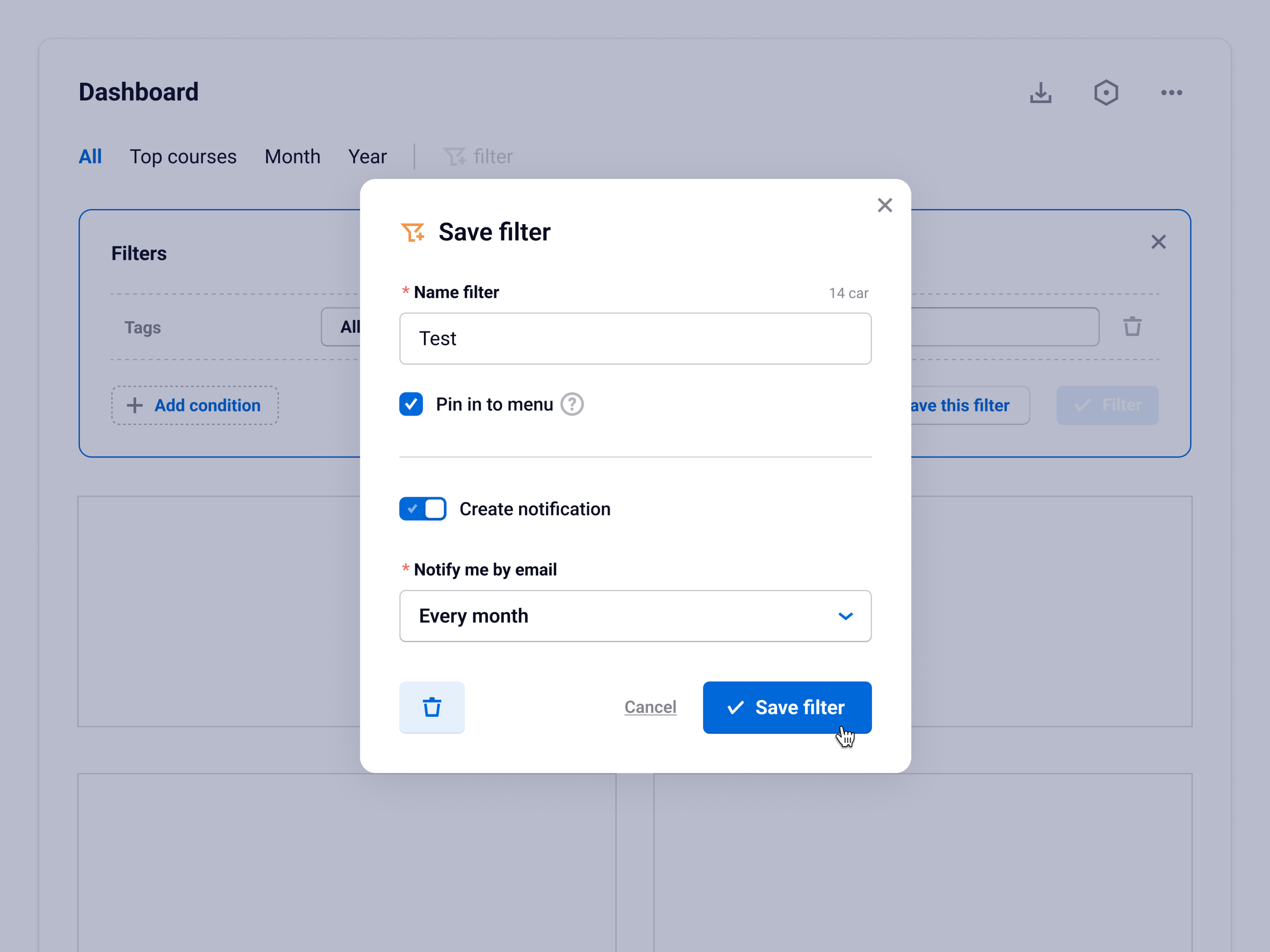 Concept Filter blue filter modal popup switch