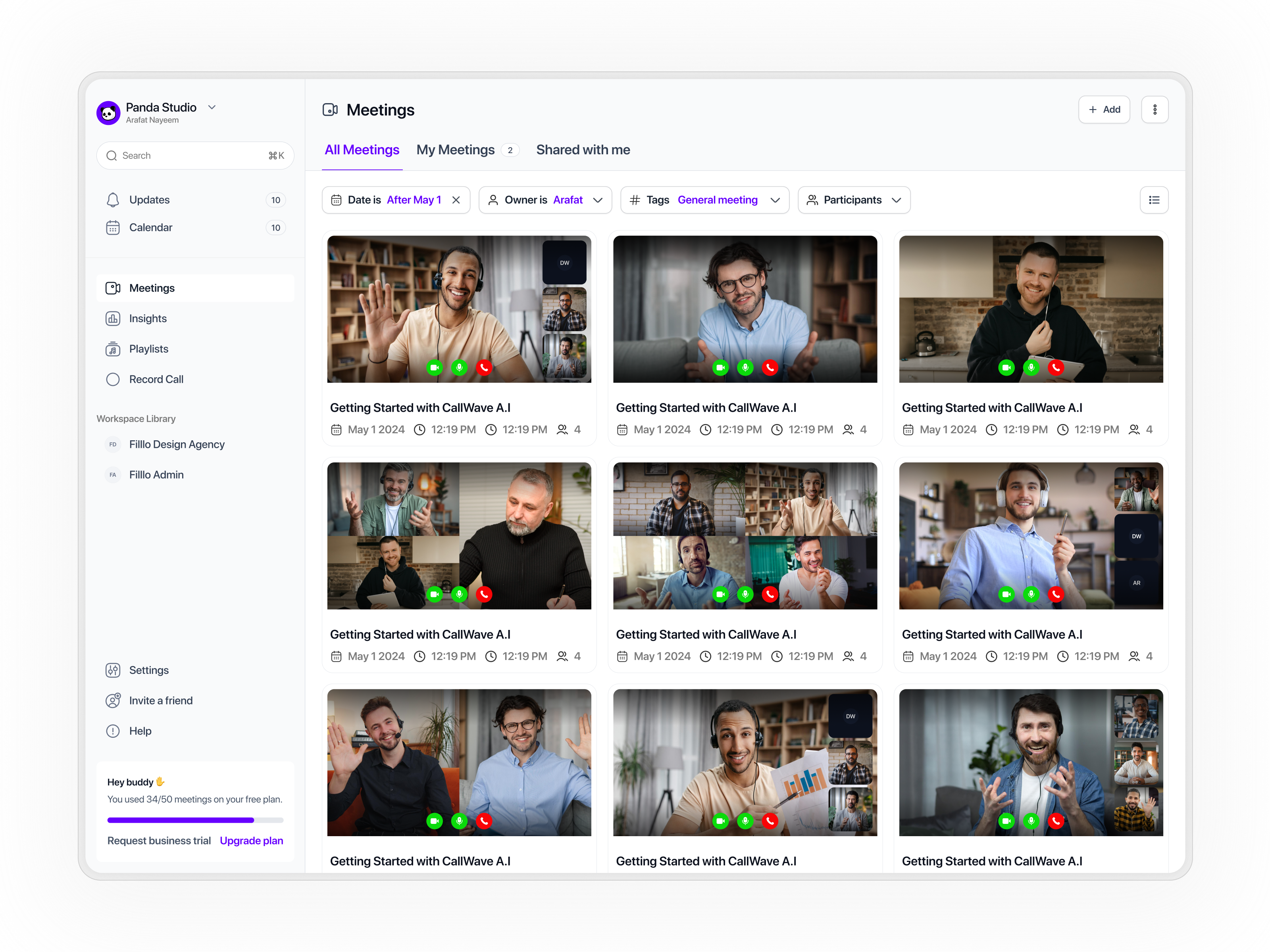 CallWave – Meeting Library (Card View) aiassistant aipoweredui cardview cleaninterface digitalopsdesign futureofwork googlemeet googlemeetui meetingmanagement meetingnotesapp minimaldashboard nextgendesign recordandtranscribe remoteworkflow saasproduct smartmeetings teamworkspace videocalltools workflowtools workmanagement