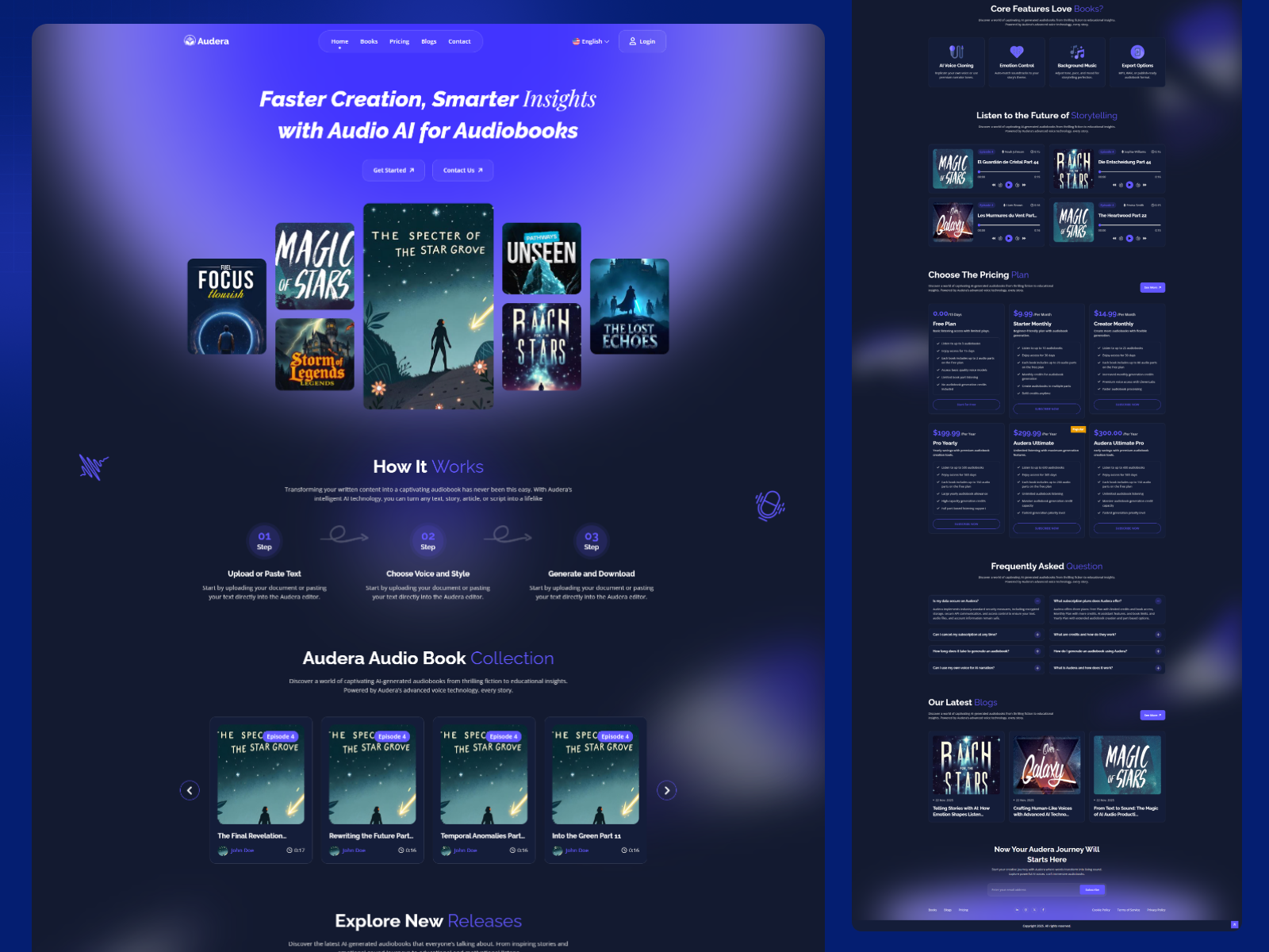 Audera - AI Audiobook Generator Figma Template ai ai audiobook generator ai rewarding system ai tools ai voice generator ai voiceover app audio content saas audiobook maker audiobook publishing tool creator monetization figma home page landing page subscription saas text reader platform text to audio converter text to speech saas tts platform ui website