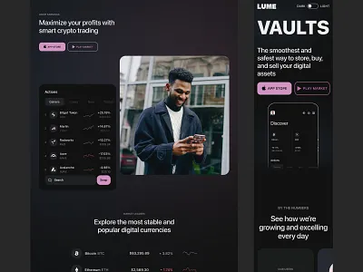 Vaults responsive clean design crypto wallet dark ui design fintech app hero section market widget mobile mobile first modern interface product preview responsive ui ux web3 design