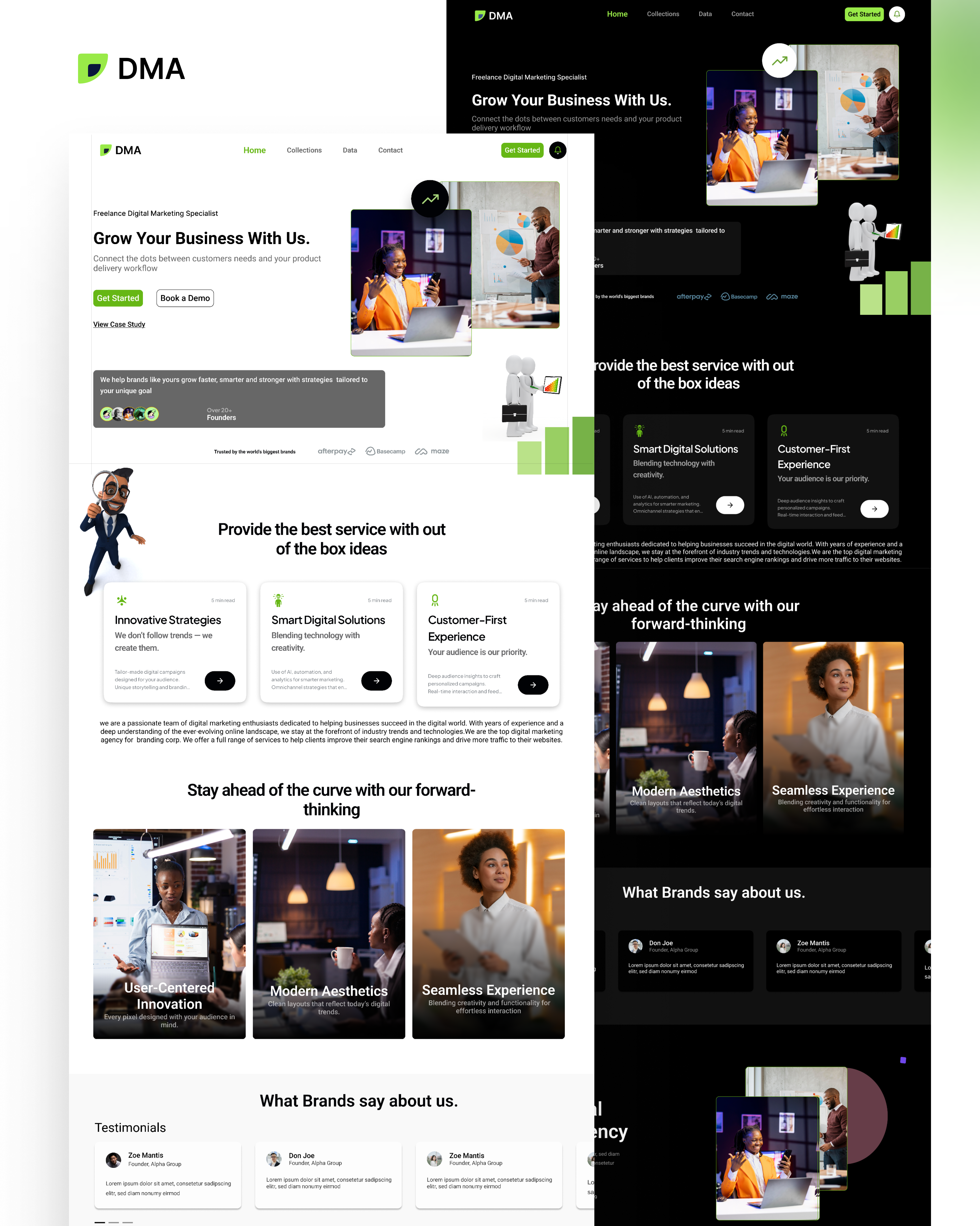Digital Marketing Landing Page branding dark mode digital marketing freelancing hero section landing page light mode product design ui uiux webdesign website