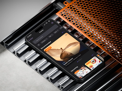 Events Hub ✦ Mobile App app design booking cards chips dark mode event feed input ios list minimal design tags ticket