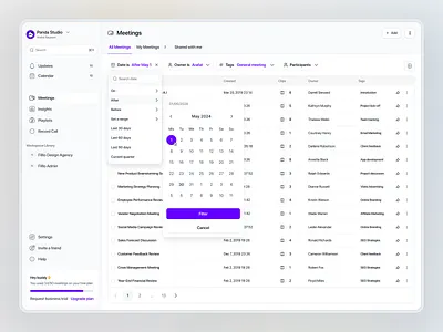 CallWave – Meetings Library (List Layout) aiassistant aipoweredui cleaninterface designforteams digitalworkspace flowoptimized futureofwork googlemeetui listviewui meetingapp meetingdashboard meetinglist microinteractions minimaldashboard modernui remoteworktools saasinterface smartmeetings webappdesign zoomintegration