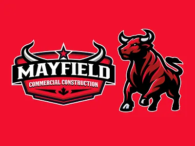 Red Bull Logo Mascot | MAYFIELD (SOLD) brand identity branding bull bull logo bulls commercial contractor construction contractor cows design graphic design home service hvac identitiy design illustration logo mascot plumbing red services