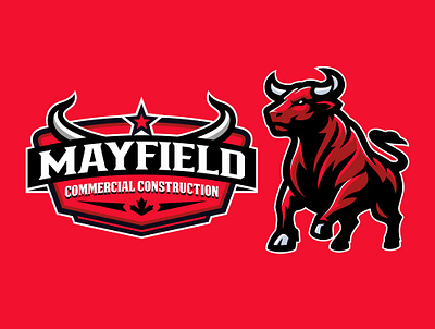 Red Bull Logo Mascot | MAYFIELD (SOLD) brand identity branding bull bull logo bulls commercial contractor construction contractor cows design graphic design home service hvac identitiy design illustration logo mascot plumbing red services