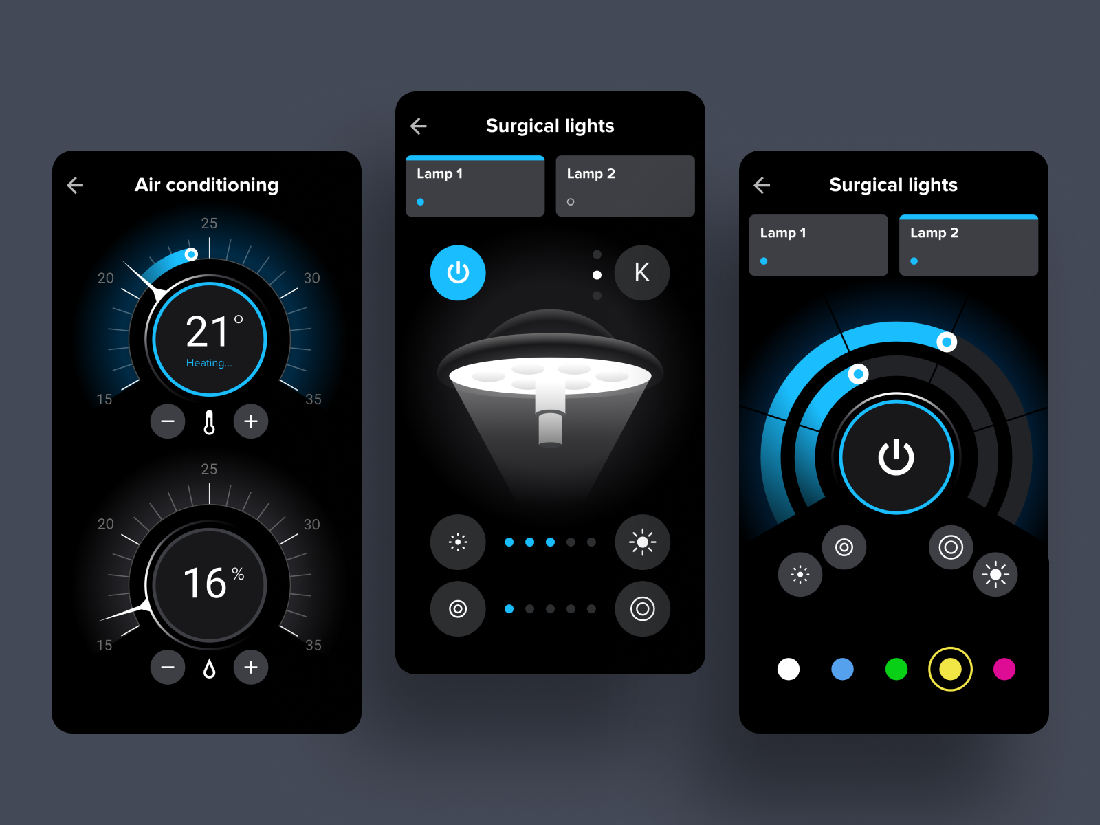 Operating room сontrol UI – lights & climate climate control hospital iot lights medical medtech radial control smart smart hospital surgical touchscreen ui