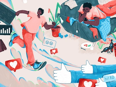 Social Media and Mental Health african article character comercial design editorial facebook friend health heart illustration instagram like magazine man media mental psychology social wellnes