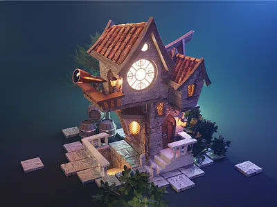 Arcane House 3d alcove arcane barrels bloom building cycles fog illustration manor night roof telescope textures