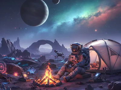 Far away from home alien astronaut camp campfire digital artwork exoplanet fantasy galaxy illustration landscape nebulae planet space tent