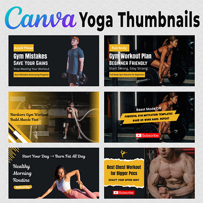 25 Versatile Yoga Fitness Gym YouTube Thumbnail Templates canva editable clean templates content creator exercise channel fitness channel fitness routine fitness trainer gym style gym workout modern layout sport design thumbnail collection thumbnail graphics training video wellness routine workout design yoga content yoga practice youtube thumbnail youtube visuals