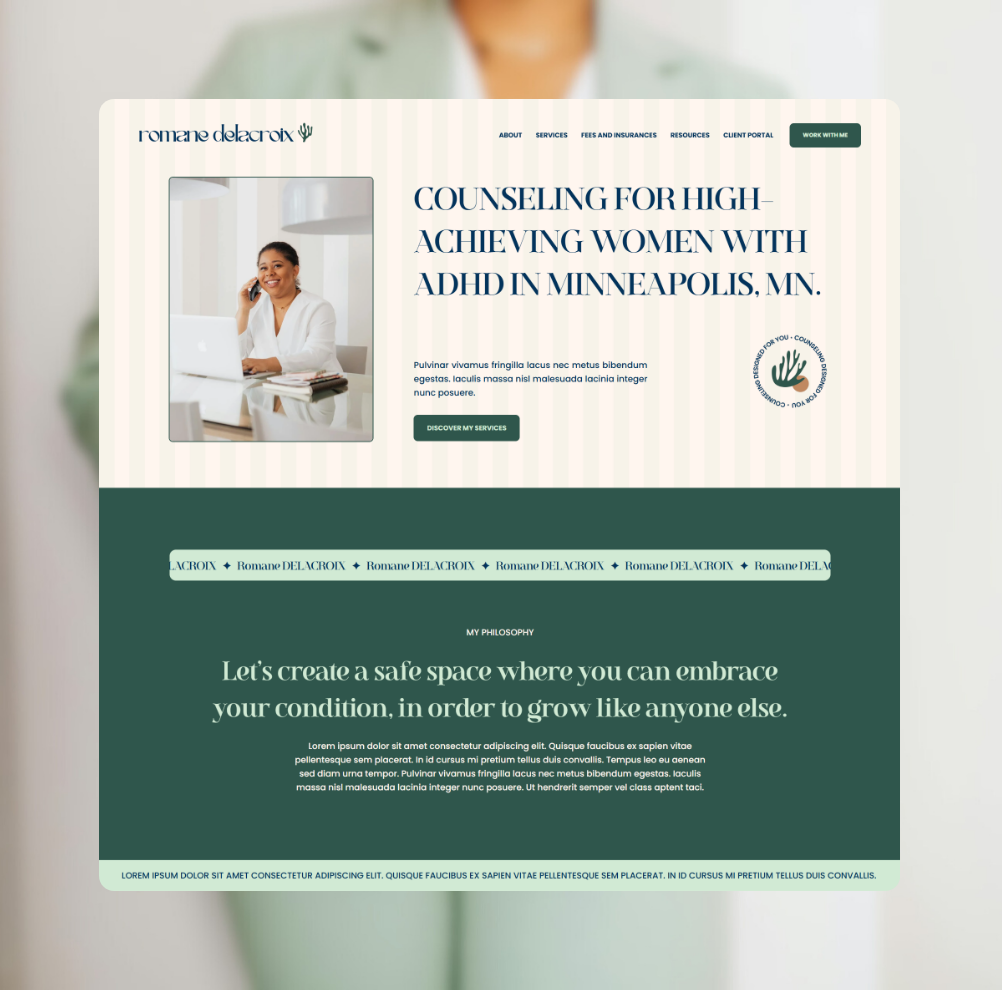 Organic homepage hero section - Counselor's Squarespace website calming clean counselor website green hero section homepage mental health website modern organic serene soothing squarespace therapist website web design website website design wellness website