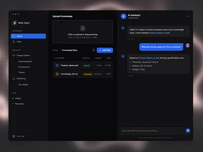 Sleek AI Assistant Dashboard for Enhanced Team Collaboration ai ai assistant ai chat chat dark mode dashboard document management efficient workflow knowledgebase productivity professional design rag rag dashboard rag interface rag ui team collaboration tech industry technology user interface workflow