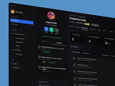 Sleek Dark Mode Dashboard for Loan Management activity feed admin clean design crm dark mode dark theme dashboard data visualization deal management finance financial dashboard fintech dashboard interface lead management loan management minimalistic professional property dashboard sidebar navigation ui