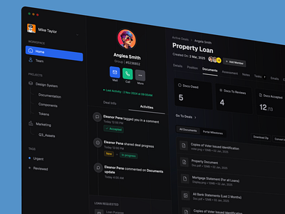 Sleek Dark Mode Dashboard for Loan Management activity feed admin clean design crm dark mode dark theme dashboard data visualization deal management finance financial dashboard fintech dashboard interface lead management loan management minimalistic professional property dashboard sidebar navigation ui