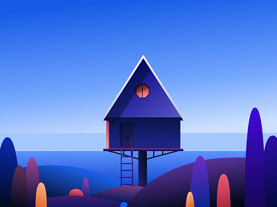Sky House architecture art illustration blue calm design digital art digital illustration draw house illustration mountain nature orange painting purple silence sky tree vector vector illustration