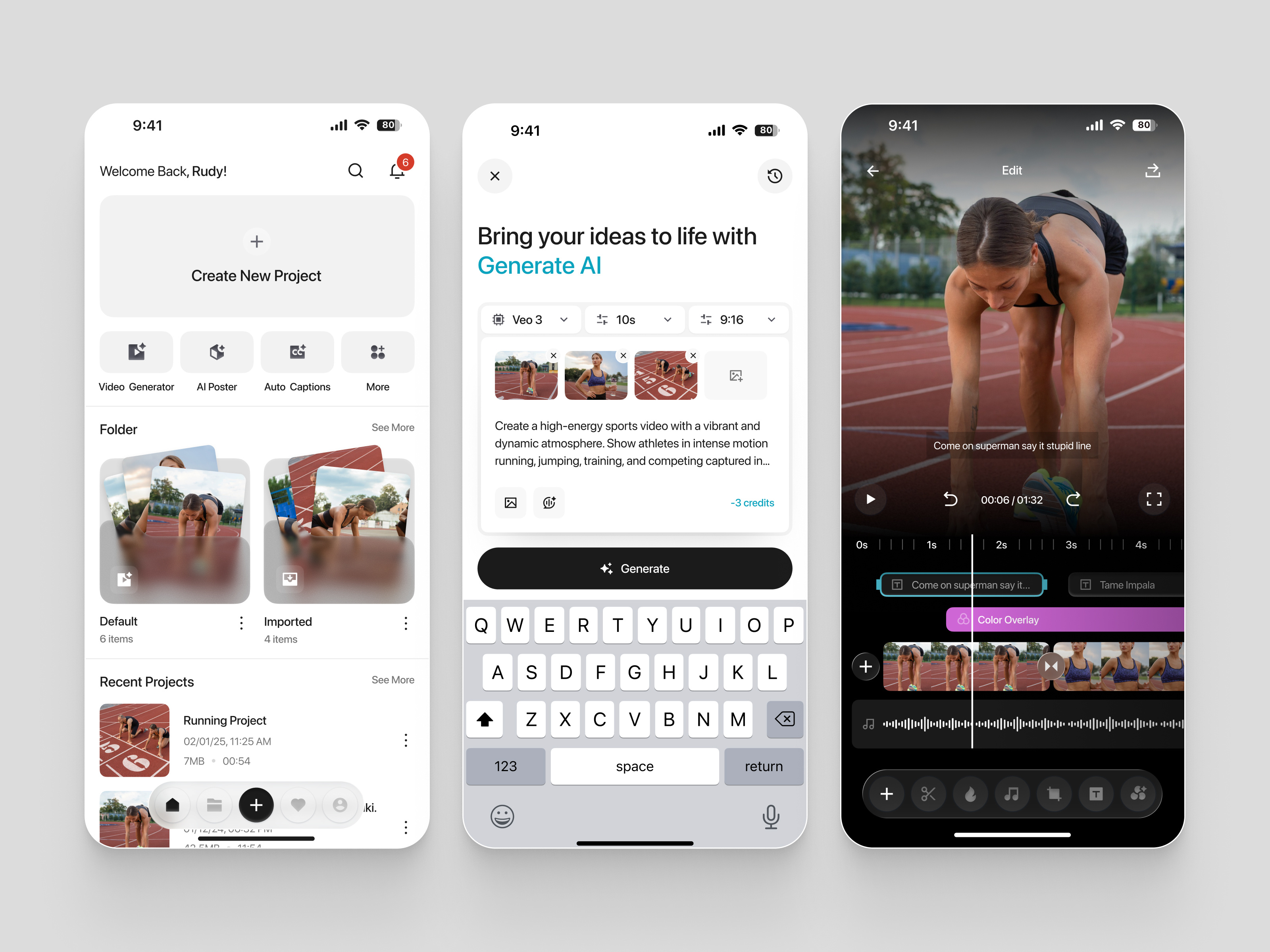 Vireo — Video Editor and AI Generator Mobile App ai generator ai video app design clean ui content creator creative app generative ai interface design mobile app mobile ui modern app motion design reels app social media app startup app timeline editor ui design video creation video editor video tools