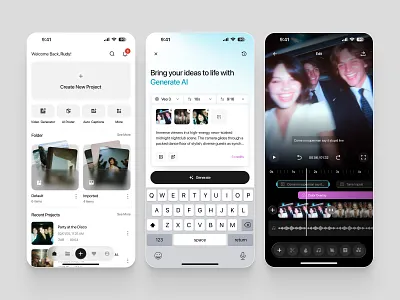 Vireo — Video Editor and AI Generator Mobile App ai generator ai video app design clean ui content creator creative app generative ai interface design mobile app mobile ui modern app motion design reels app social media app startup app timeline editor ui design video creation video editor video tools