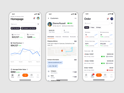 Ecomiq Mobile - Homepage, Customer Profile & Order Page crm customer management dashboard ecommerce homepage marketplace mobile app mobile design online shop online store order management product design product management profile saas saas design site builder ui ux