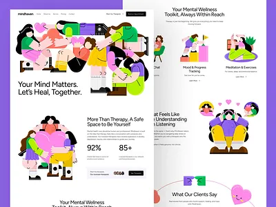 Mindhaven: Mental Health & Wellness - Website Landing Page ai mental health animation calmness health website illustration landing page medical mental health mind mindfullness modern ui uix web design website design wellness wellness website